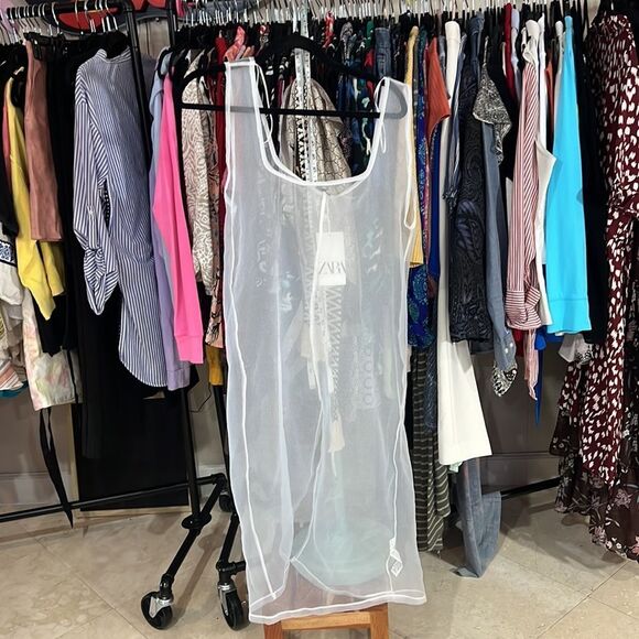 ZARA Blogger Favorite ORGANZA MIDI DRESS Sheer Boho Cover Up Shirt - Picture 8 of 8